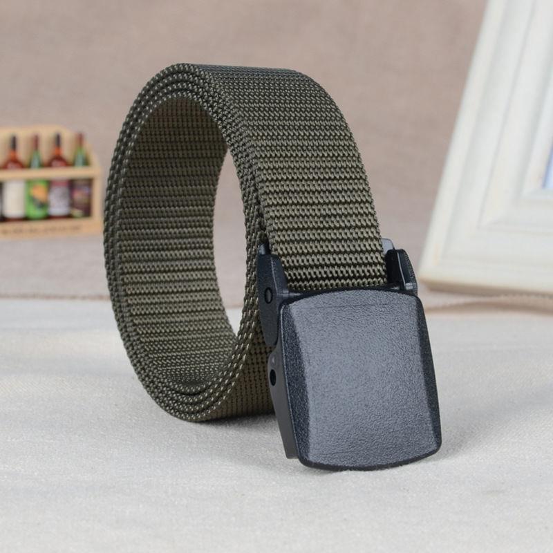 Ikke-metallisk sikkerhetsbelte i nylon med plastspenne, svart lerret og denimforlengelse, for utendørs bruk