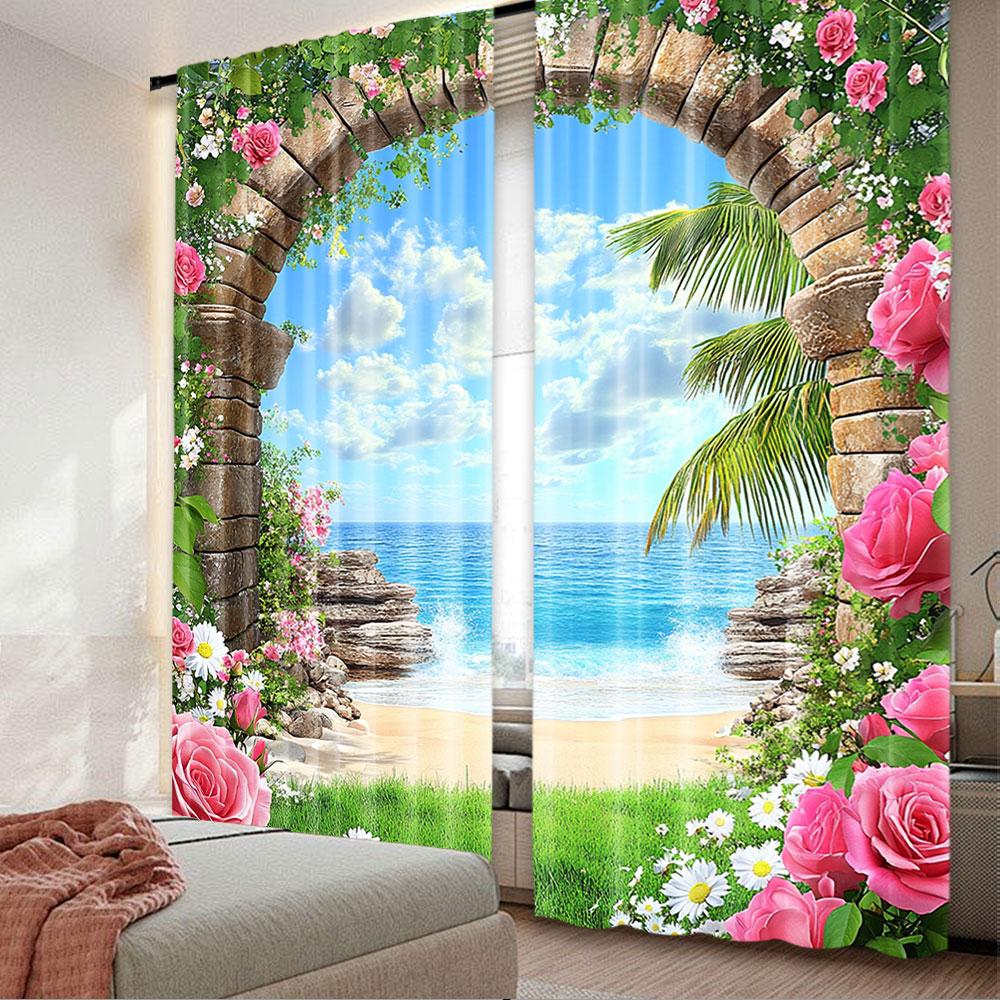 

Set Of 2 View Blue Sky Beach Curtains Flowers Stone Arch Scenery Apply Living Room Bedroom Hotel Store Curtain Polyester Perfect For Area W100*H70(CM)-Hooks&2PCS