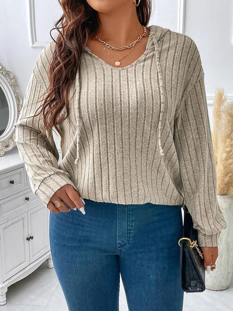 Plus Size Vintage Drawstring Hooded Tshirts Womens Long Sleeve Solid Knit Casual Tops Female Simple Design Chic Streetwear Clothes 2026