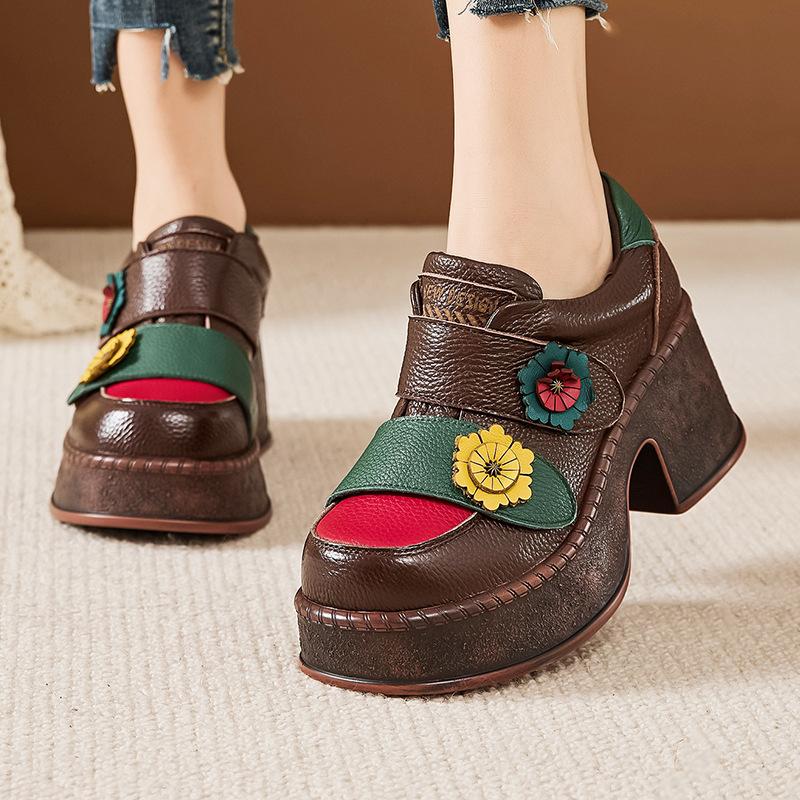 2025 New 7cm Top Layer Cowhide Spell Color Flowers Women's Fashionable Shoes Thick Sole Non-slip Elevator Shoes High Heels Tide