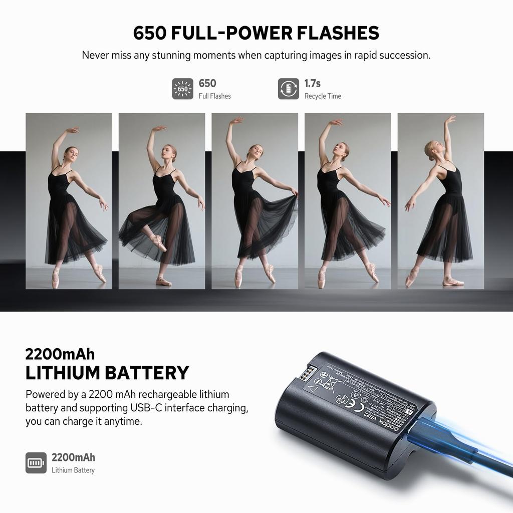 Godox Camera Flash for Olympus and TTL Second Recycle 650 Full Power LED Modeling X Second HSS V480-O Panasonic, GN50, Touchscreen, 1.7 Time, Flash,