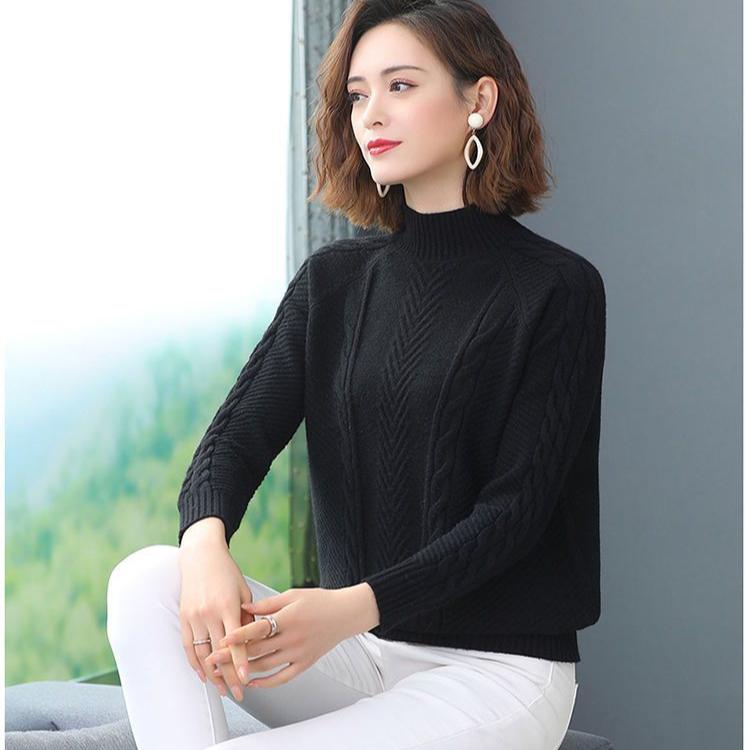Women's Short Sweater Thickened Knitted Sweater Loose Semi-high Neck Base Sweater Solid Color Pullover