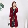 O-Neck Long Sleeve Lace-up Waist Tight Elegant Dress Flower Print Fake Two Pieces Cardigan Midi Dress Female Clothing