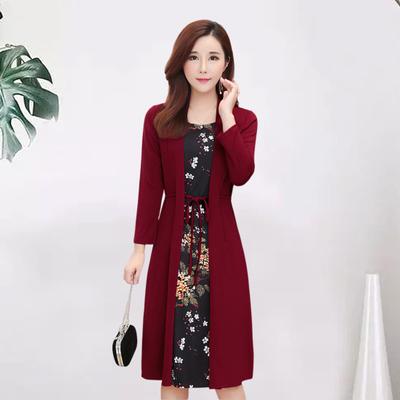 Rochie Elegantă Decolteu Rotund Mânecă Lungă Talie Șiretură Strâmtă Imprimeu Floral Aspect Două Piese Cardigan Rochie Midi Îmbrăcăminte Feminină