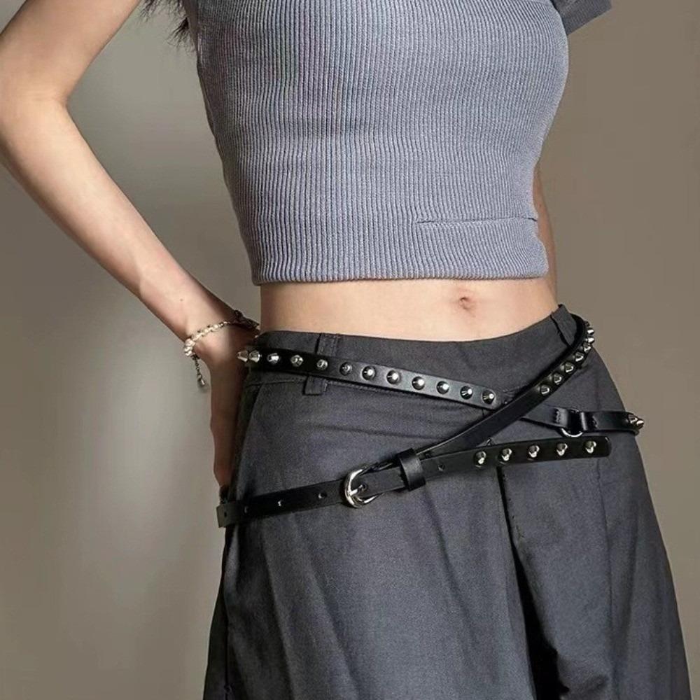 Double Loop Leather Waist Belt Extra Long Dress Jeans Belt Simple Women's Rivet Belt Streetwear