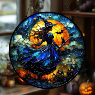 10/15/25CM Halloween Witch Suncatcher Hanging Decoration Black Cat Bat Moon Witch Stained