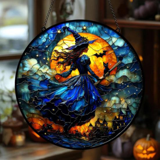 10/15/25CM Halloween Witch Suncatcher Hanging Decoration Black Cat Bat Moon Witch Stained