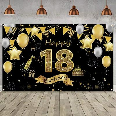 Sfondo Banner Festa 18° Buon Compleanno 2D Oro Nero con Palloncini