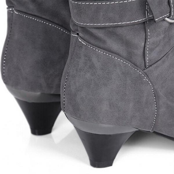 Women Fashion  Shoes Slope with Boots Leather Boots Belt Buckle Metal Boots