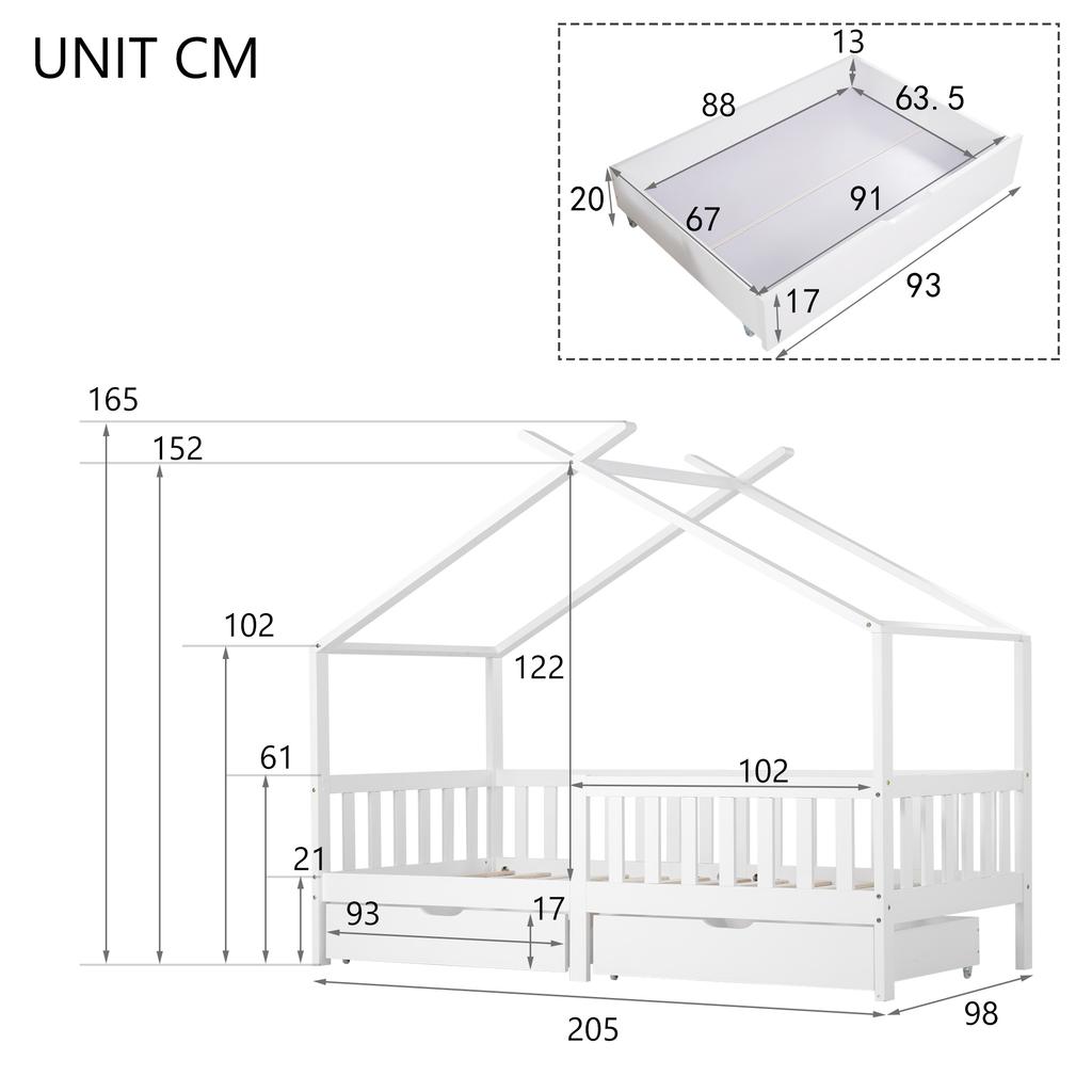 (Not Allowed to Sell on Germany)Beautiful house bed, with 2 drawers, solid wood, slatted frame, with fall protection, white (200x90 cm)