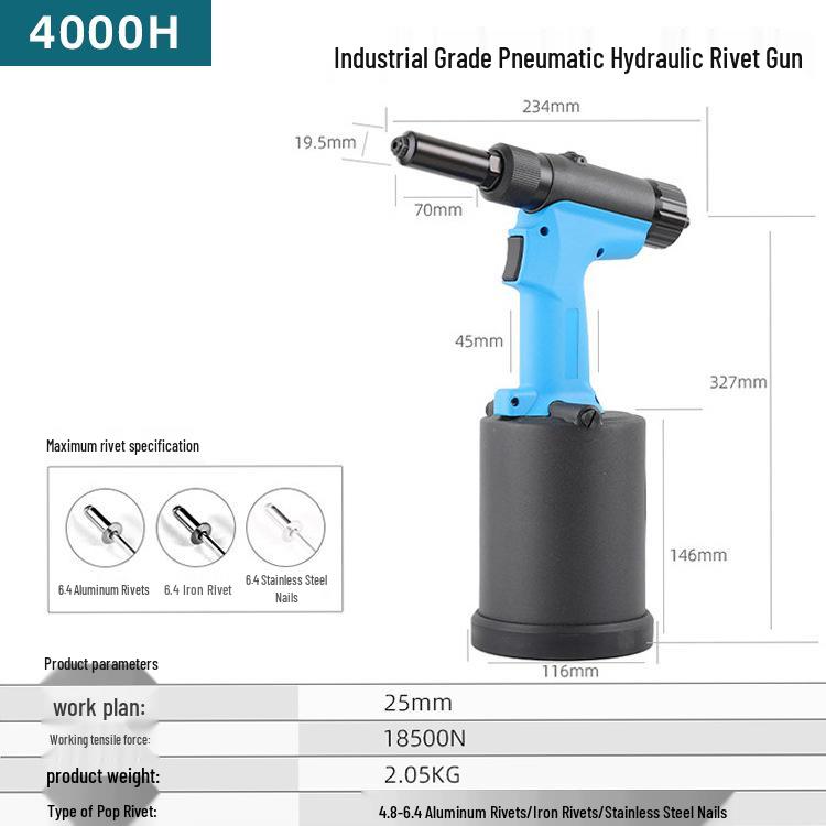 Industrial-Grade 4000H Automatic Pneumatic Rivet Gun, Self-Suction, Stainless Steel Blind & Pull Rivets