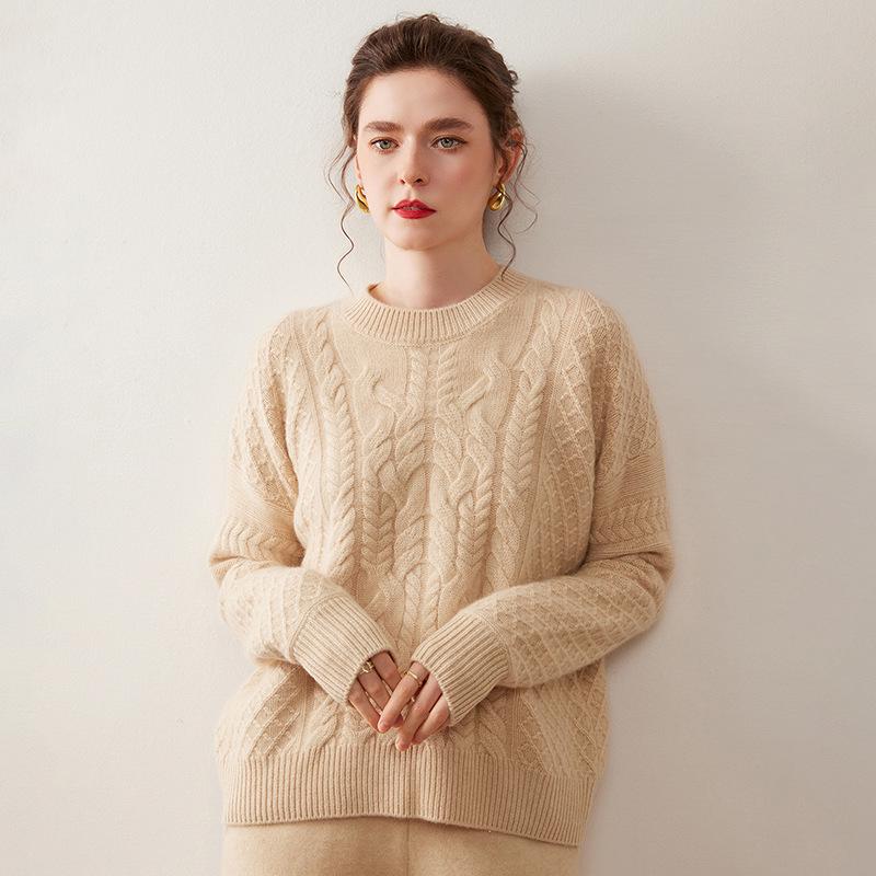 Women's Super Thick Cashmere Sweater: Round Neck, Soft, Fluffy, Loose Fit, Versatile Cable Knit for Autumn/Winter.