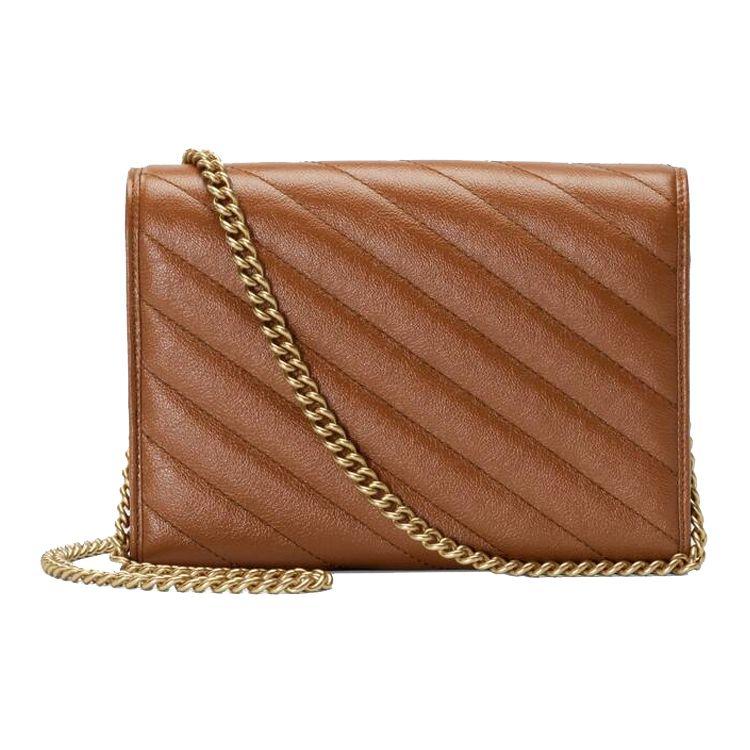 Gucci GG Marmont Brown Leather Chevron Quilted Chain Wallet Crossbody Bag For Women Daily Use