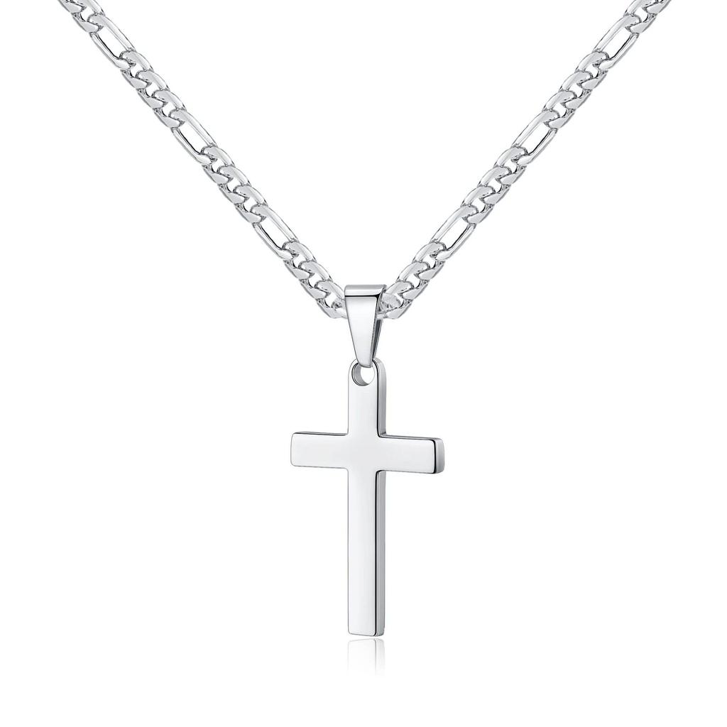 18k Gold Stainless Steel Men's Figaro Chain Necklace with Black, Silver, and Gold Cross Pendants