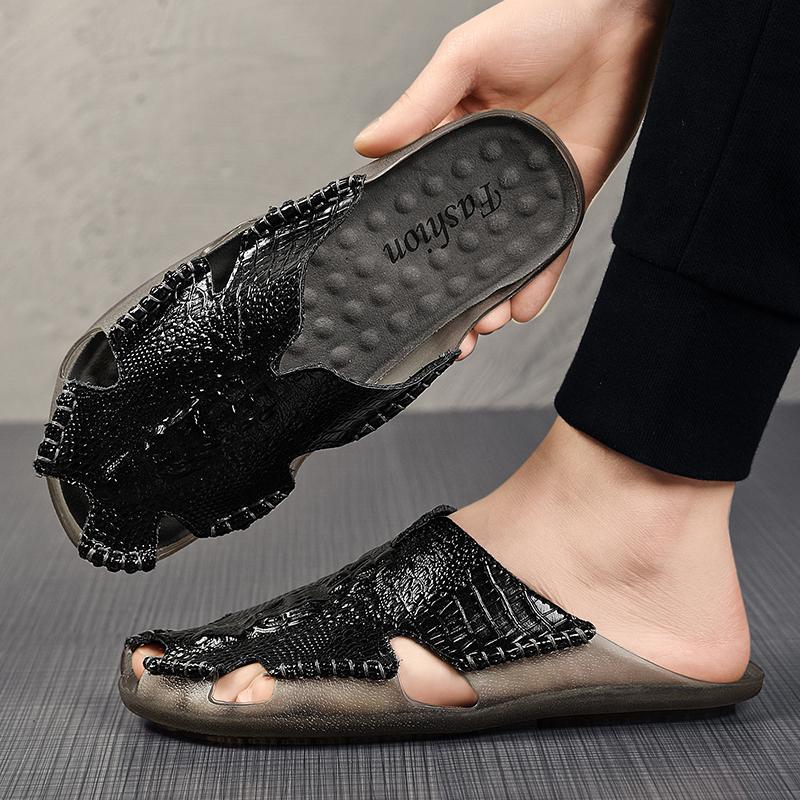 Fashion Outdoor Summer Sandals Mens Casual Leather Slippers Classic Half Drag Beach Rubber Flip Flops Quick Dry Man Water Trekking Flats