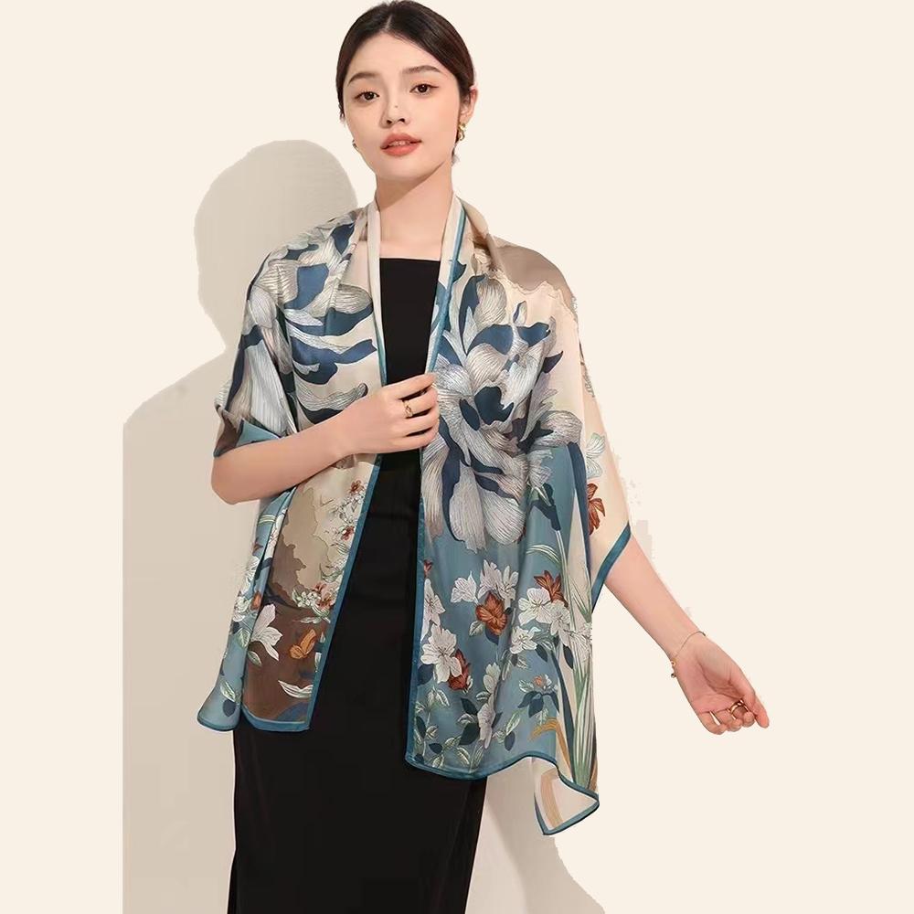New Blue Women'S 100% Mulberry Silk Scarf Shawl 175*52Cm Fashion Floral Design Long Scarves Wraps Fall Winter Headscarves