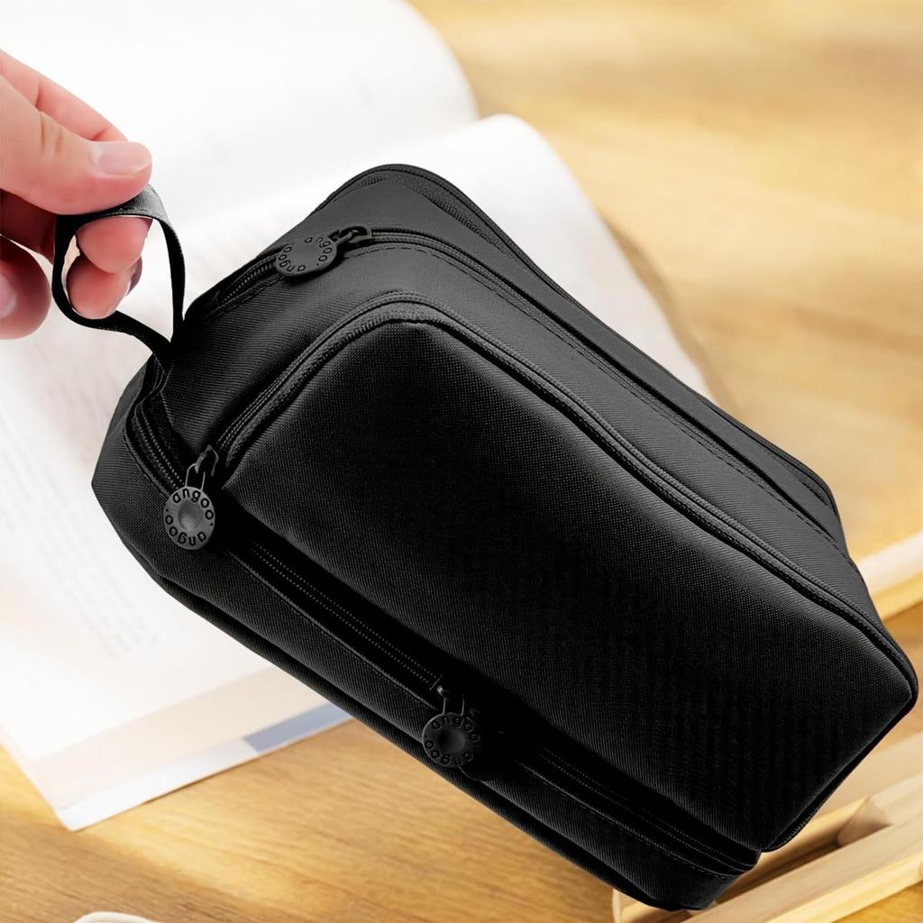 Trousse à crayons avec poches en filet et double fermeture éclair, parfaite pour les étudiants et noire Fermeture grande capacité, professionnels, (4 poches, noir)