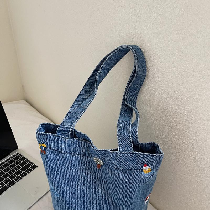 Large Capacity Denim Bag Women Embroidered Handbag Shoulder Bag