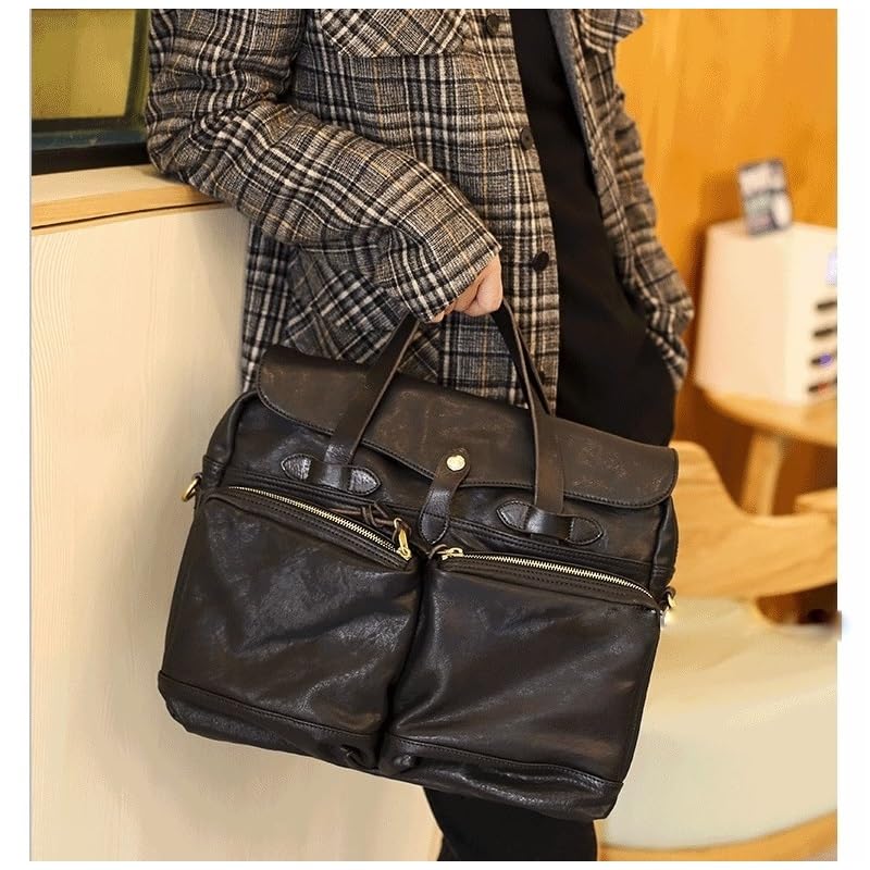 8B Original All Black Genuine Cowhide Leather 2-Way Business Bag, Briefcase, Shoulder Bag, Men's, Black B05