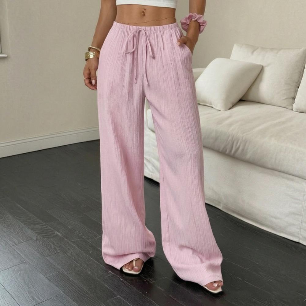 Damen Uni Strukturierte Weite Hosen, Knoten Taille Schrägtasche Lässige Lockere Hosen