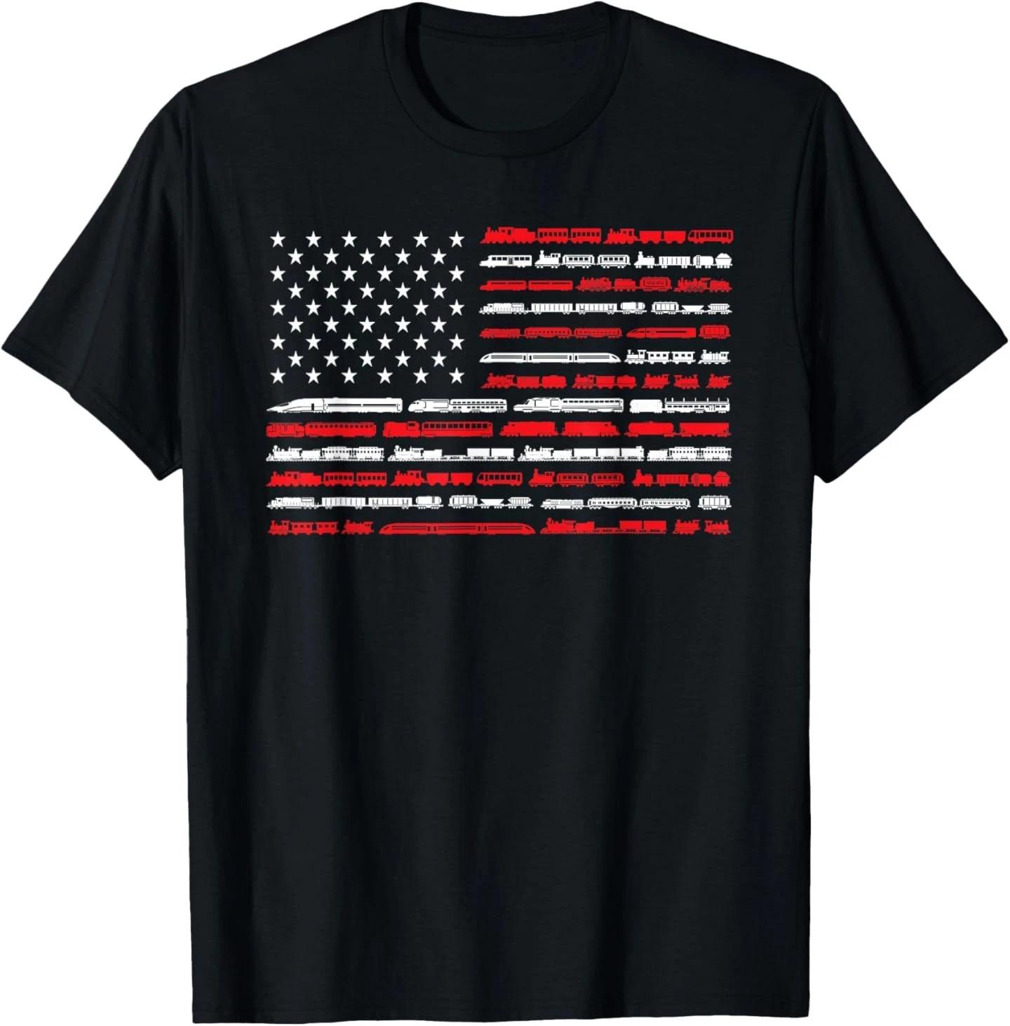 Train Railroad American Flag Vintage Locomotive T- Shirt XL