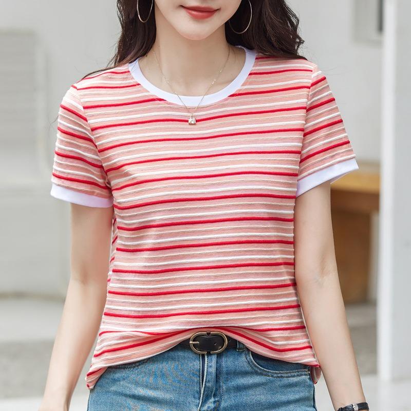 Summer Color-blocking Striped Short-sleeved T-shirt, Summer Dopamine Loose Slimming Plus-size Cover-up Top