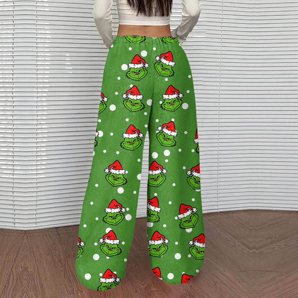 Women's Casual Christmas Print Elastic Waist Loose Fit With Plush Wide Leg Pants