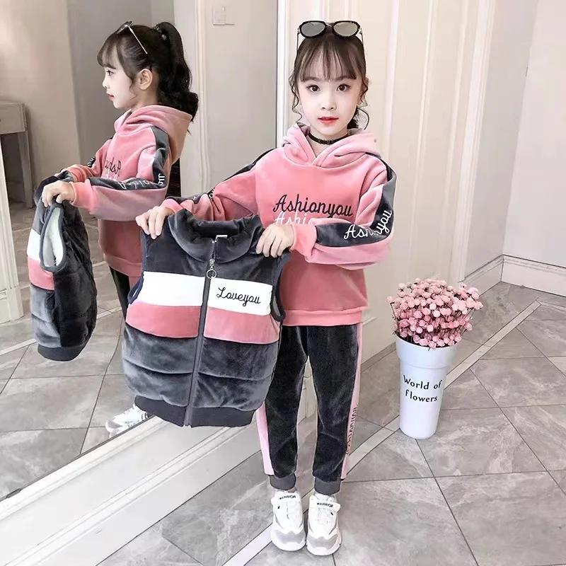 Chándal de otoño e invierno para niñas, chaqueta para niñas pequeñas y adolescentes, chaleco con capucha, pantalón de tiras, sudadera deportiva de tres piezas
