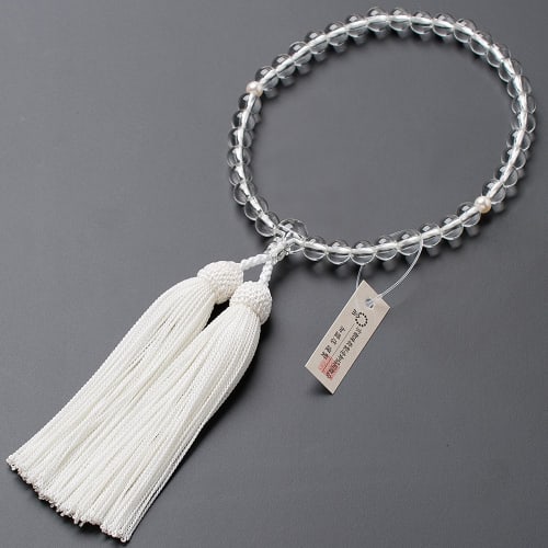 Buddhist Altar Shop Takita Shoten Kyoto Buddhist Prayer Beads for Women, Genuine Crystal and 2 Heavenly Pearls, 7mm Beads, Silk Tassel with Head, Pray