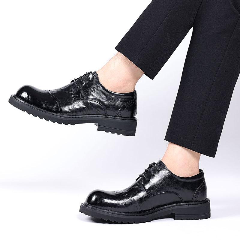 Thick-soled big-headed leather shoes men's business casual men's shoes British first-layer cowhide derby shoes hand-scratched men's leather shoes