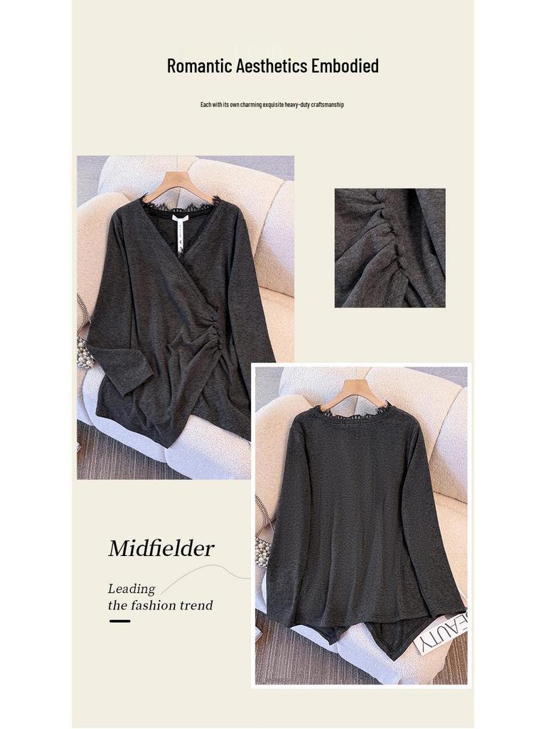 Plus Size Women's Winter Lace Patchwork V-neck Pleated Base Shirt (130-350 jin)
