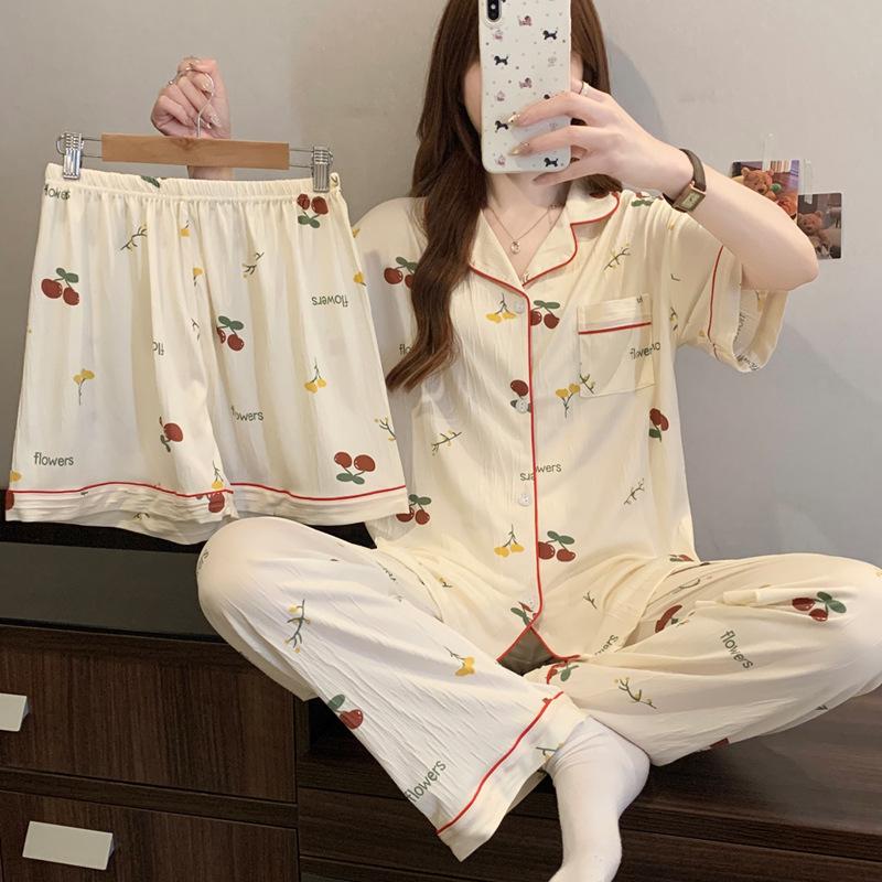 Wrinkled Pajamas Girls Summer Little Cherry Short-Sleeved Three-Piece Fashion Lapel Loungewear Can Be Worn Outside