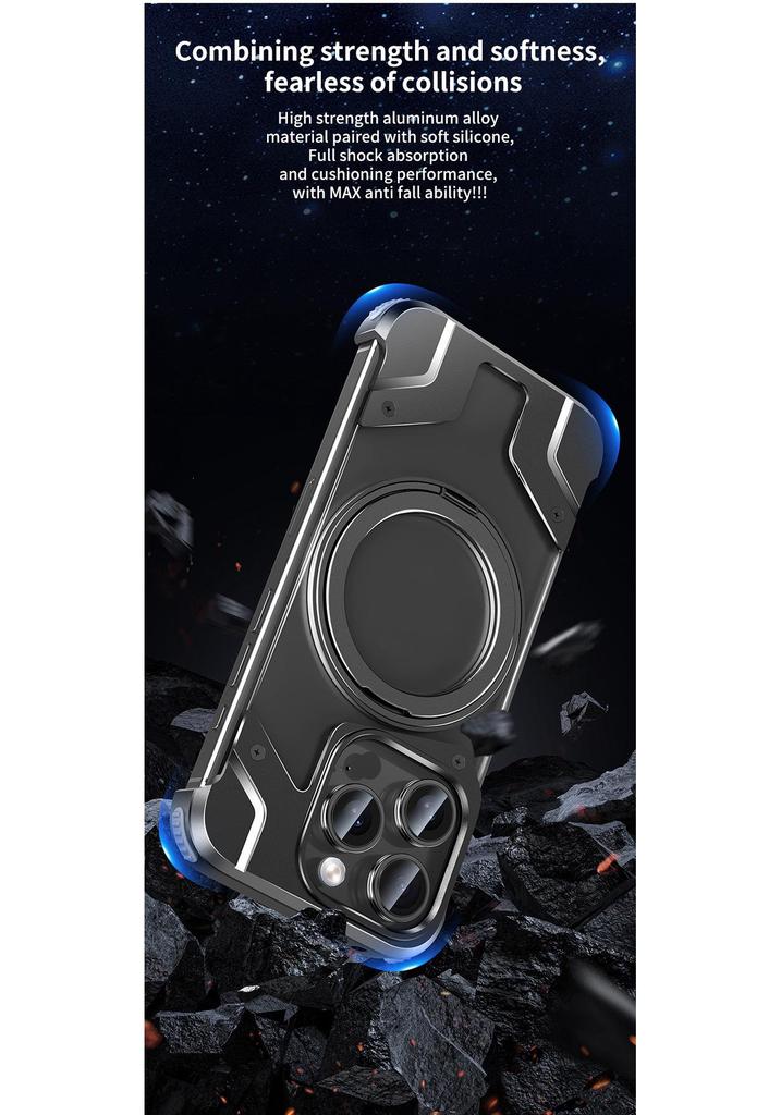 Magnetic Rotating Stand Case for iPhone 15 Pro Max and iPhone 14: Transparent Battle Armor Design