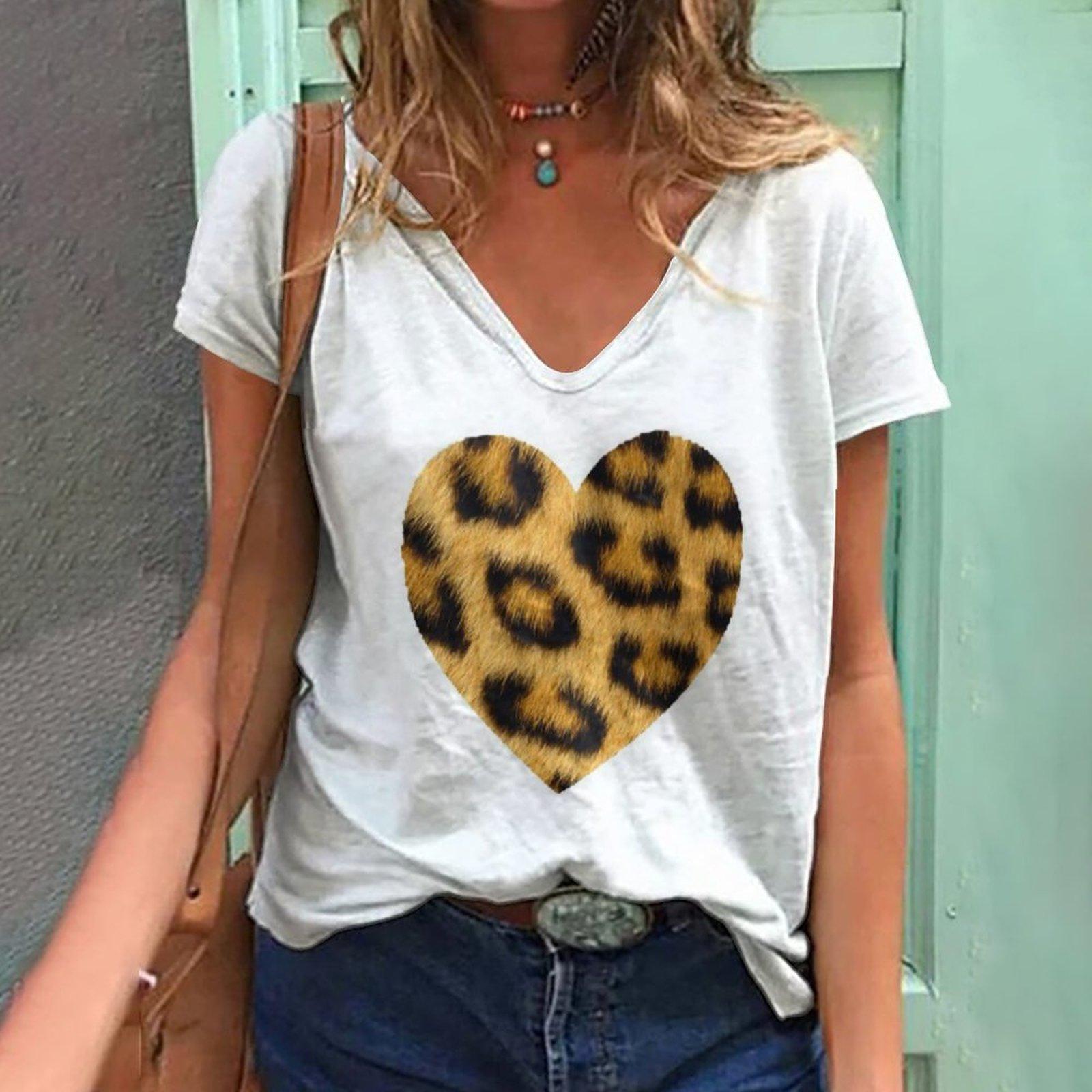 

Нова жіноча футболка Love Leopard з коротким рукавом 3d V-подібним вирізом Модний жіночий одяг Вуличний повсякденний одяг Літня футболка Harajuku 8XL