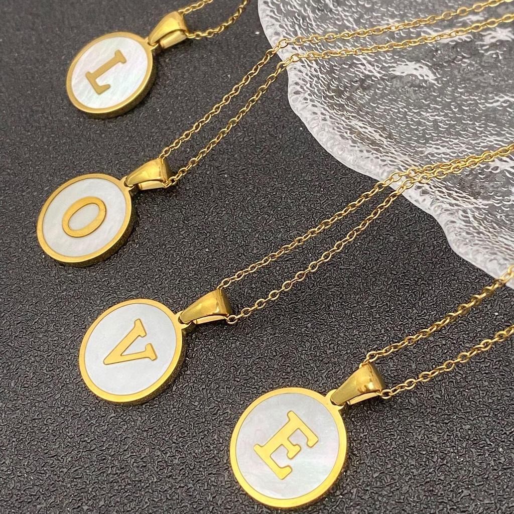 White Stainless Steel Small Round Tag Necklace - 26 Letters, Women's Cold Style Fashion, Versatile Light Luxury, 2025 Collection.