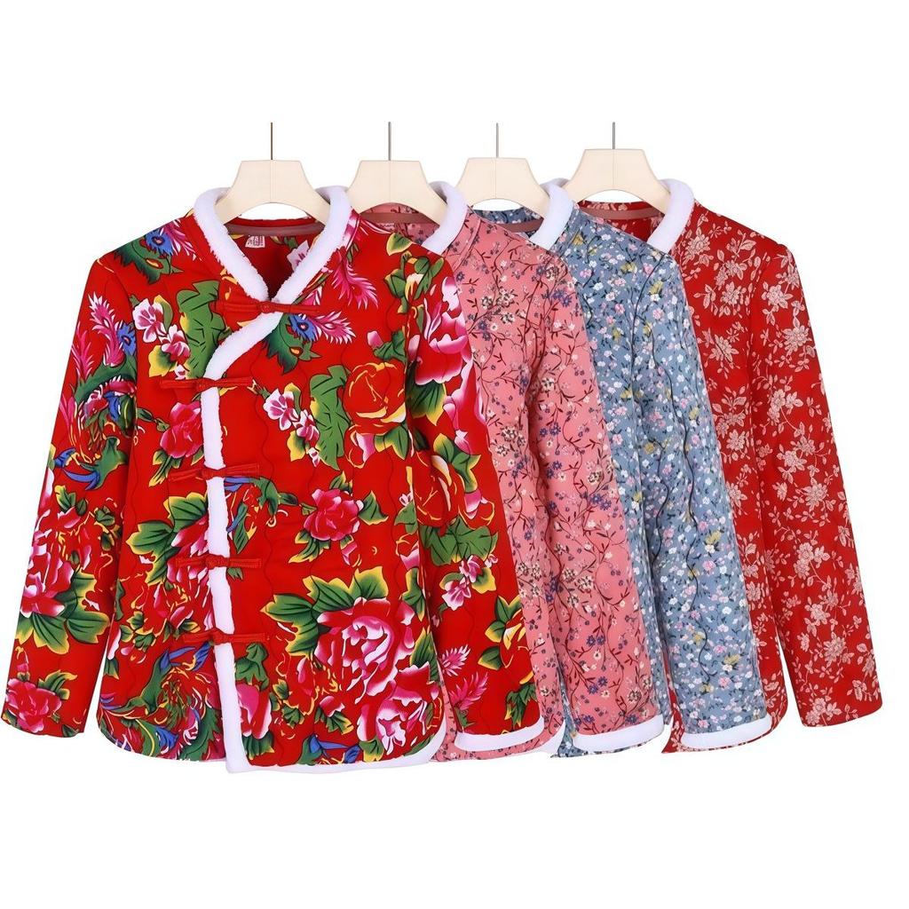 Retro Floral Chinese Style Cotton Padded Jacket for Middle-Aged Women