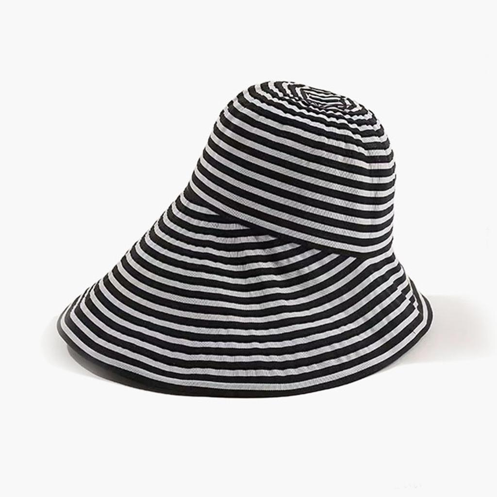 New hat sun hat sun protection UV protection female retro temperament black and white striped big brim bucket hat