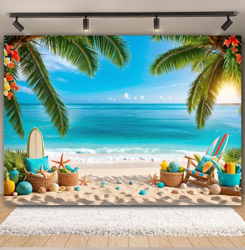 Summer Seaside Fruit Beach Palm Tree Theme Banner Background, Holiday Camping Party Decoration Photography Studio Backdrop Cloth