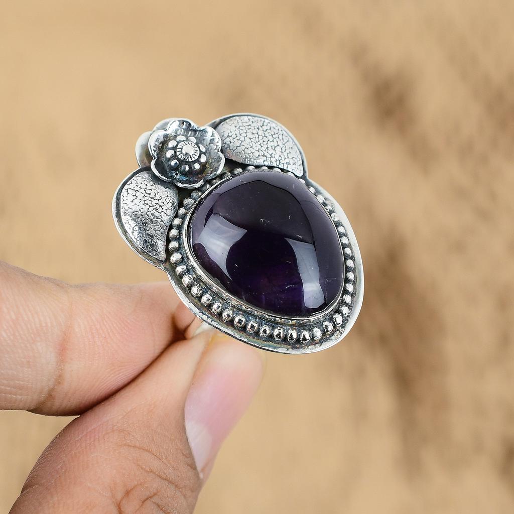 925 Sterling Silver Natural African Amethyst Flower Promise Sister Ring Jewelry