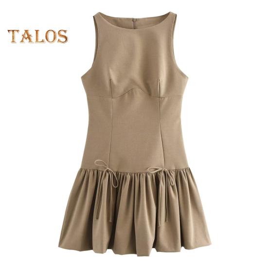 Sommerkleid für Damen, ärmellos, Schleifendekor, plissiert, A-Linie, einfarbig, Minikleid mit Reißverschluss auf der Rückseite, O-Ausschnitt, Westenkleid für Dating-Party