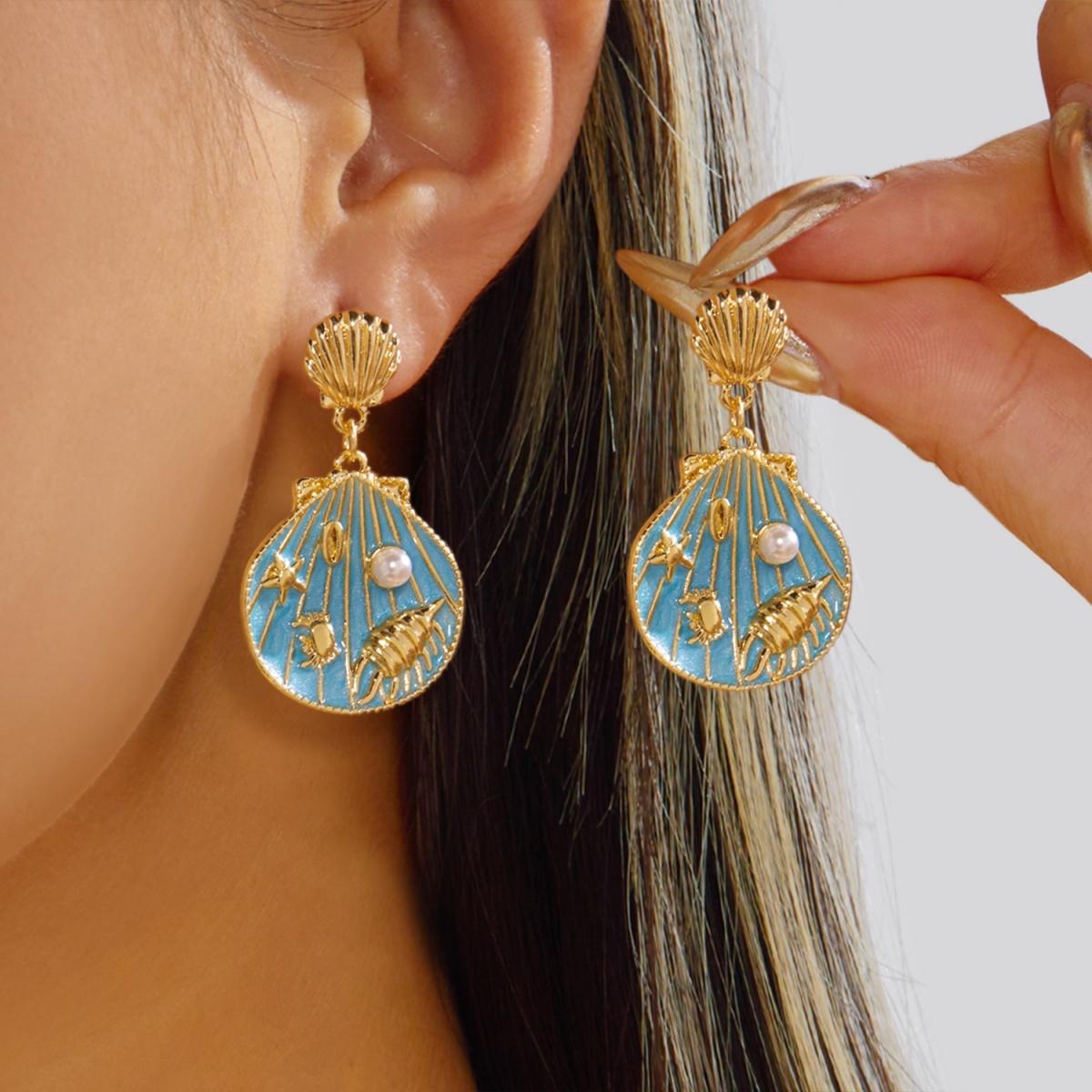 

Enamel Metal Shell Dangle Earrings For Women Men Starfish Crab Conch Imitation Pearl Pattern Drop Earring Bohemian Beach Jewelry