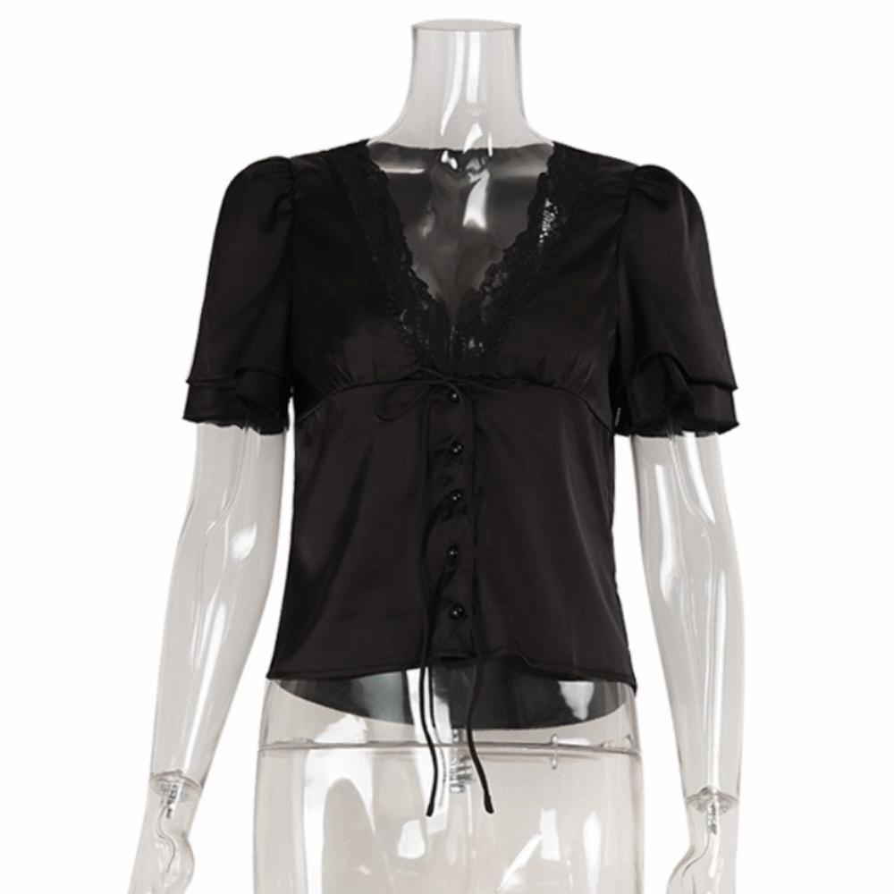 

Breathable V Neck Sheath Tees Solid Color Shirt Blouse Casual Lace Patchwork Tops Daily Wear S чёрный