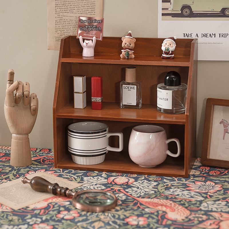 Desktop Retro Wooden Storage & Organization Rack for Journals, Ornaments, Coffee Cups, and Perfume.