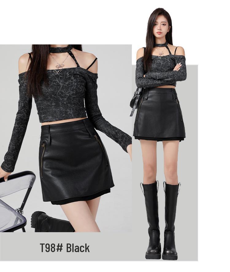 T98 Brown High-Waisted Leather Midi Skirt - Retro Distressed Style for Autumn/Winter