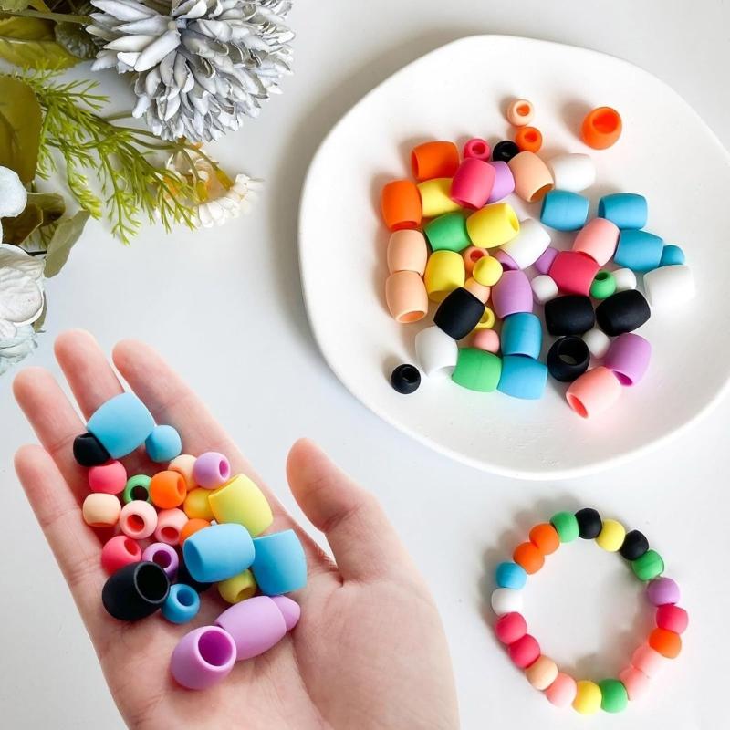 50pcs Mix Colors Silicone Hair Beads for Braids with Rubber Bands and Beader for Braiding DIY Bracelets Necklace Crafts