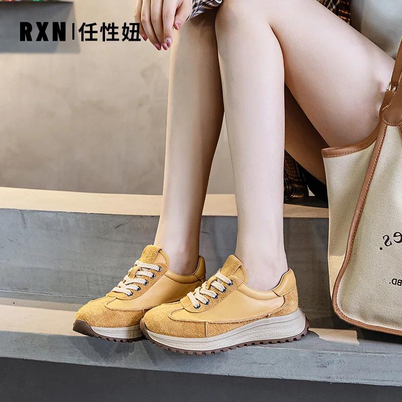 Fashion 4CM Spring Autumn Women Casual Sneakers Mixed Colors Genuine Leather Thick Bottom Lace-Up Lightweight Women Flat Shoes