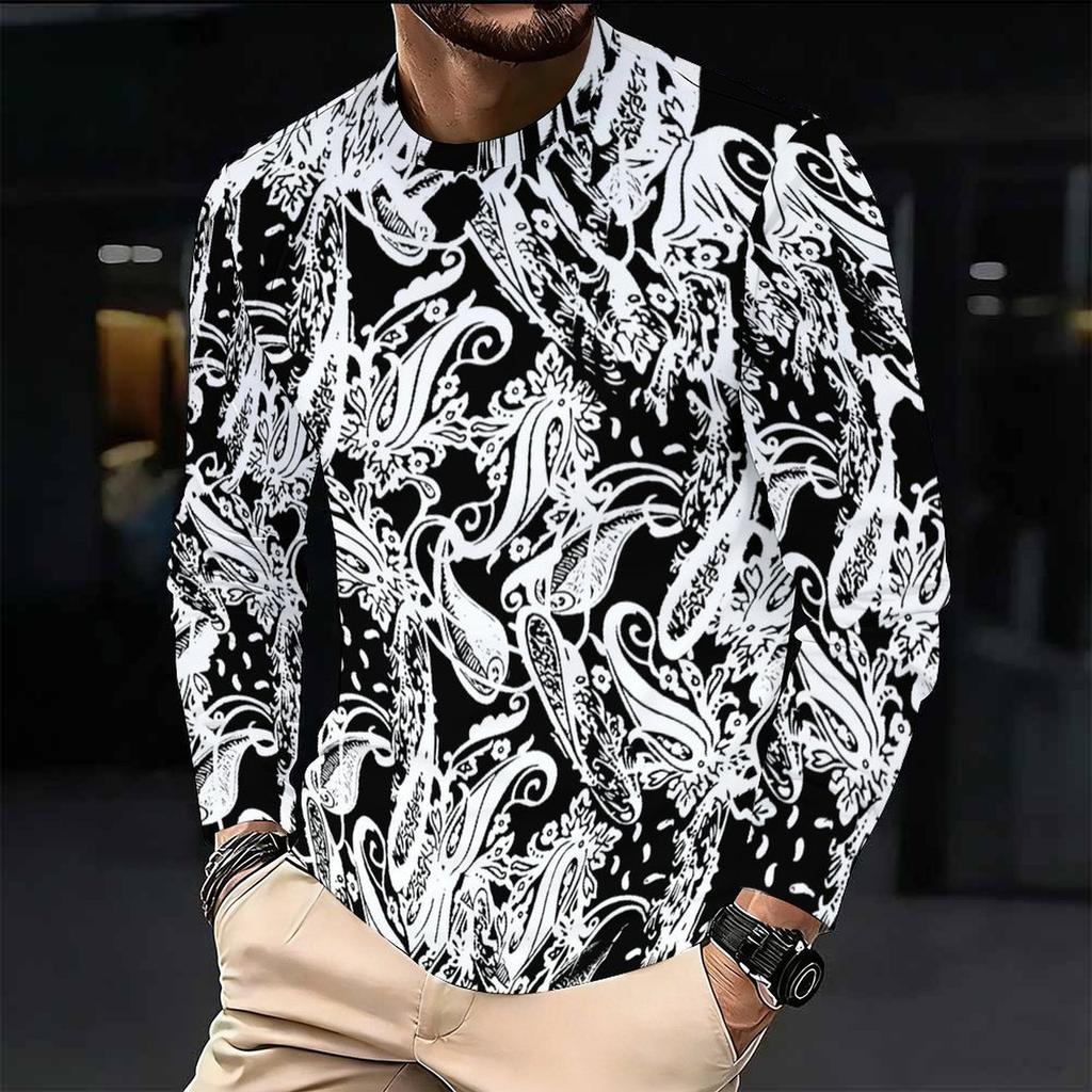 Men Long Sleeve T Shirt Print Crew Neck Casual Tops Fashion Loose Pullover Daily Wear Shirts