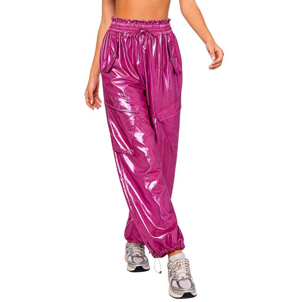 Shiny Metallic Cargo Pants for Women Elastic Waistband with Ruffle Trim Multiple Pockets Jogger Style for Hip Hop Music Stage Outfit