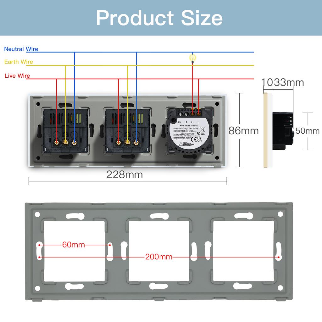 BSEED EU Standard 1/2/3Gang Touch Switches 1way Light Sensor Switch With USB Sockets Wall Sockets Type-C Ports Glass Panel