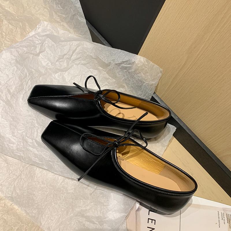 Fashion 2025 New Women Casual Flats Shoes Real Leather Cute Bow Lace Up Low Heels Shoes Vintage Square Toe Daily Office Dress Size 34-40